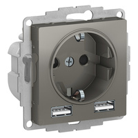 Schneider electric ATLAS DESIGN РОЗЕТКА 16А c 2 USB A+A, 5В/2,4 А, 2х5В/1,2 А, механизм, СТАЛЬ ATN000930