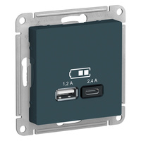 Schneider electric ATLAS DESIGN USB РОЗЕТКА A+С, 5В/2,4 А, 2х5В/1,2 А, механизм, ИЗУМРУД ATN000839